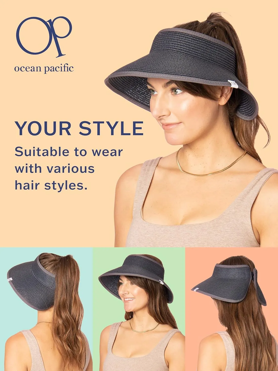 Ocean Pacific Sun Visor Hats for Women, Beach Roll Up Large-Brimmed Straw Hat, Sun Protection UPF 50