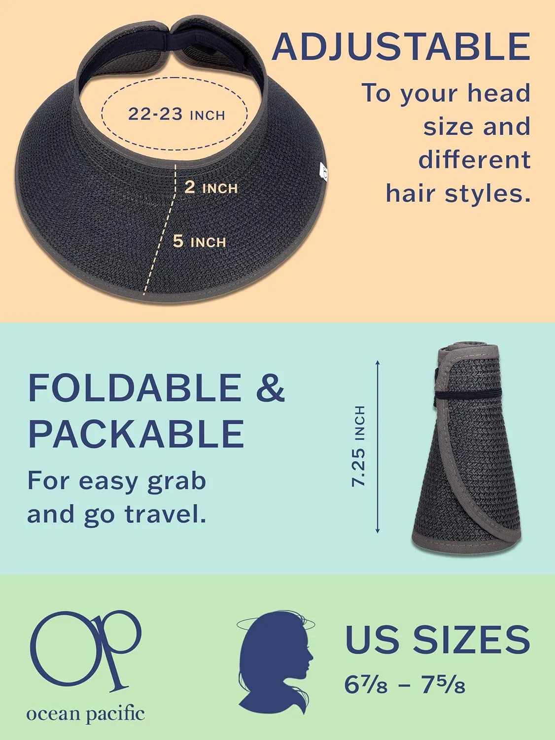 Ocean Pacific Sun Visor Hats for Women, Beach Roll Up Large-Brimmed Straw Hat, Sun Protection UPF 50