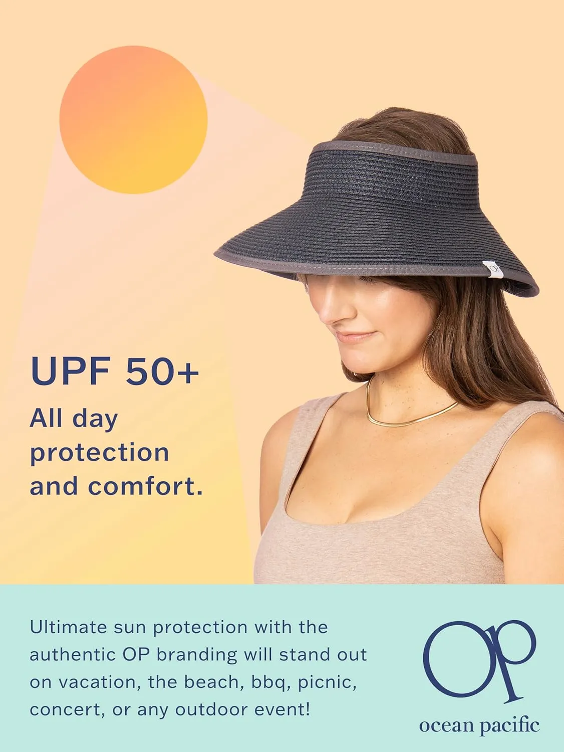 Ocean Pacific Sun Visor Hats for Women, Beach Roll Up Large-Brimmed Straw Hat, Sun Protection UPF 50