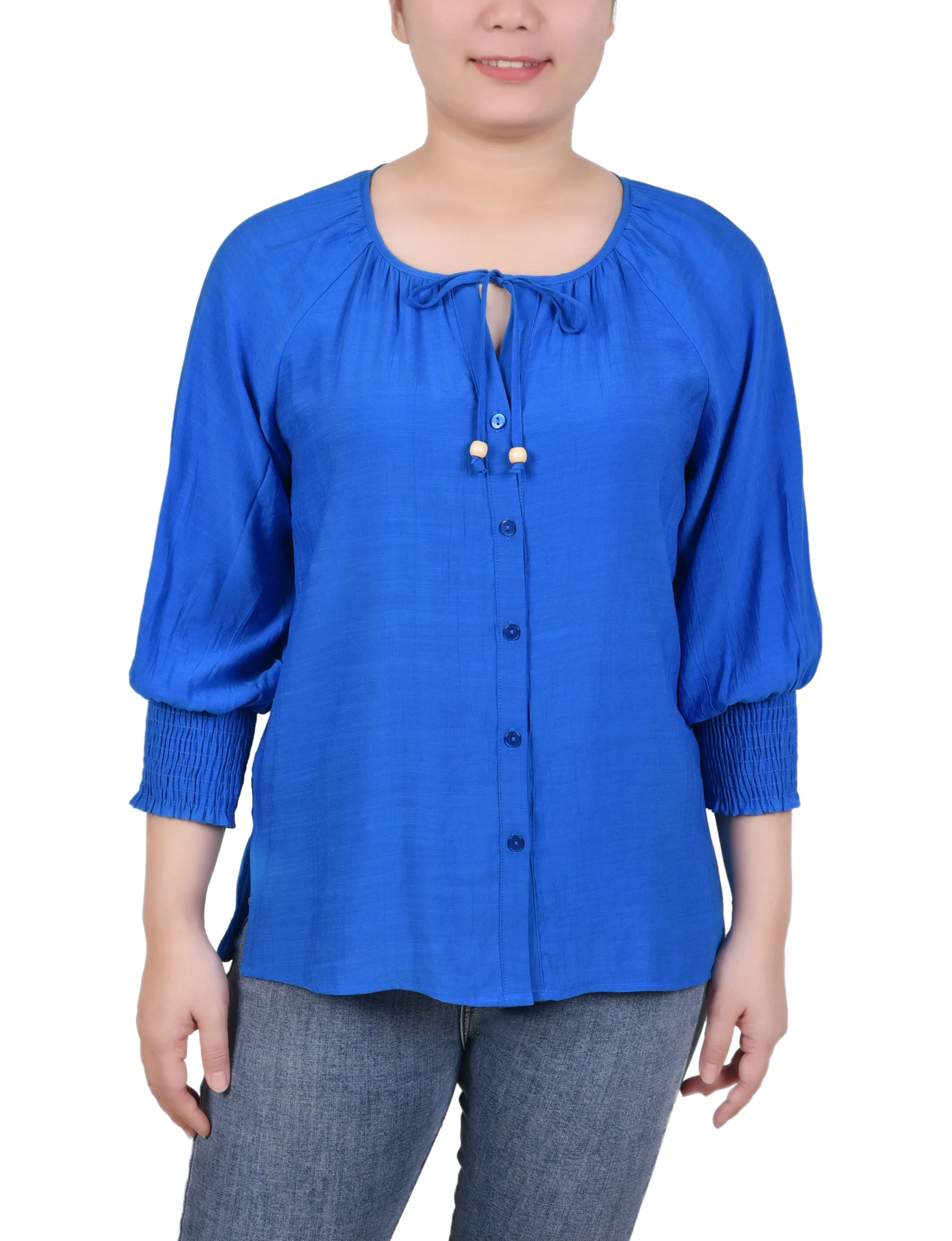 Petite 3/4 Sleeve Button Front Blouse