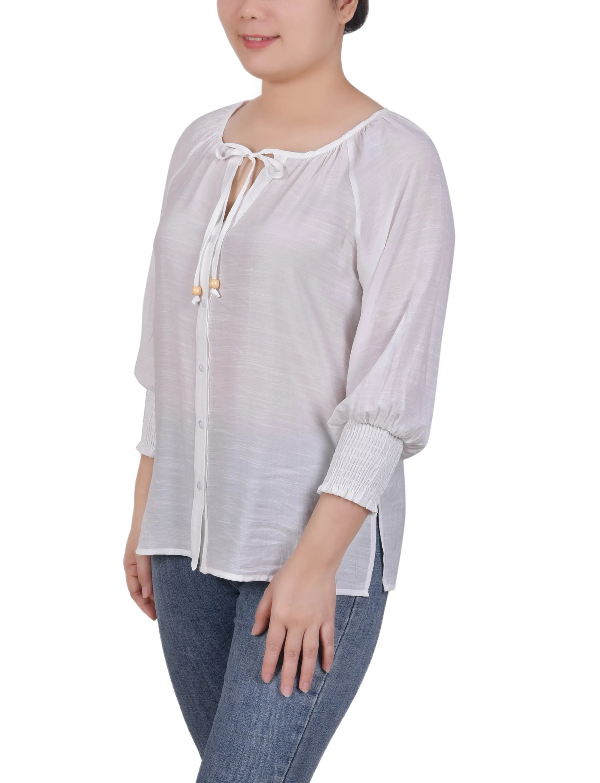 Petite 3/4 Sleeve Button Front Blouse