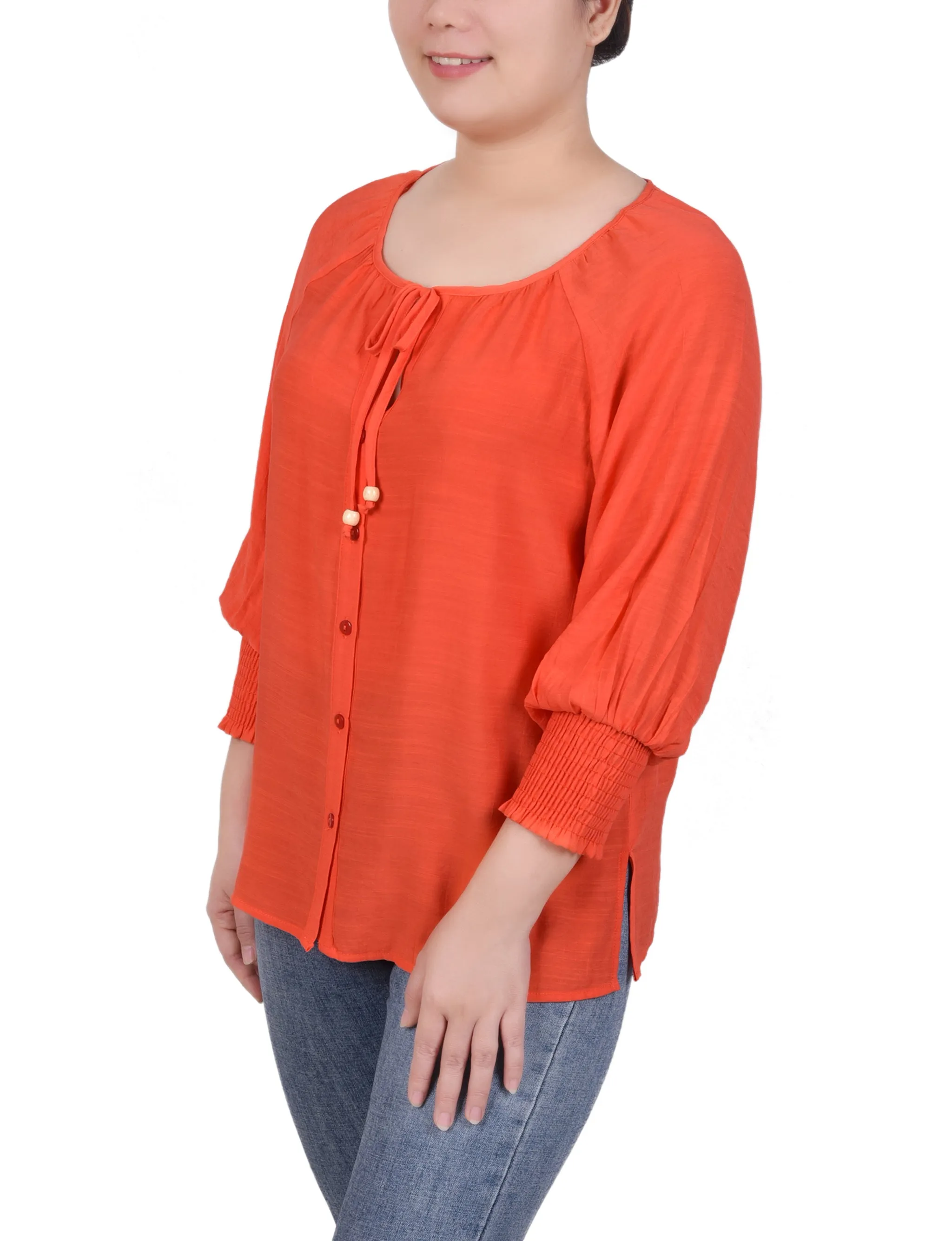 Petite 3/4 Sleeve Button Front Blouse