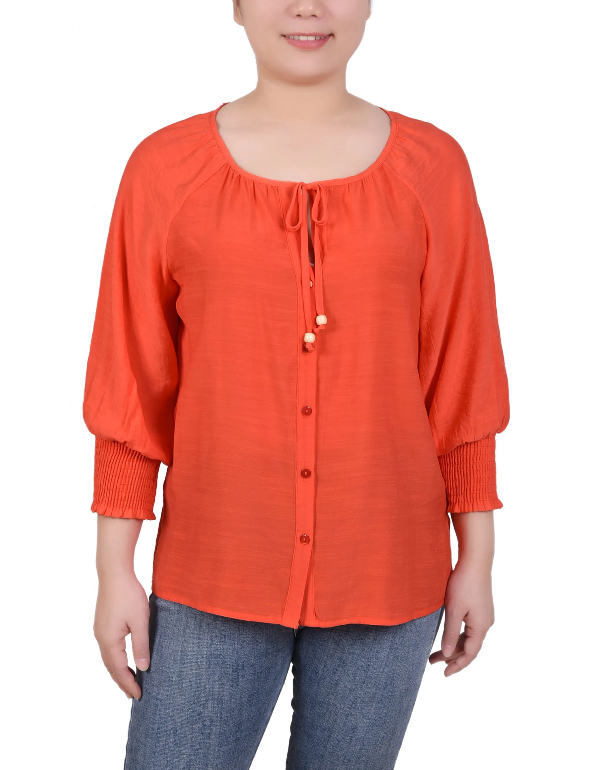 Petite 3/4 Sleeve Button Front Blouse