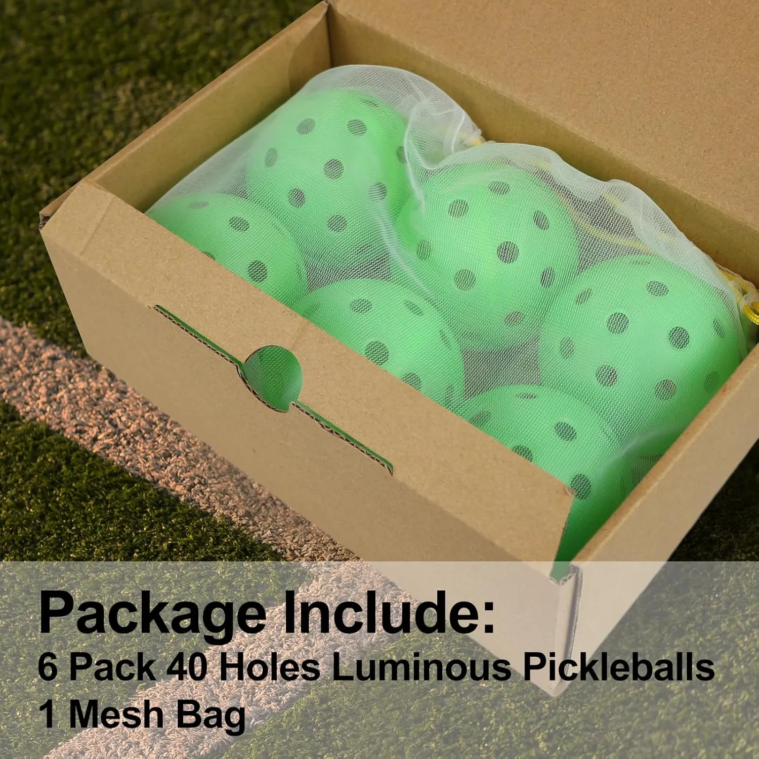 Pickleball Balls, 6 Pack Outdoor Glow in The Dark Pickleballs with Mesh Bag, Luminous Gifts, Light Up Green, High Visibility & Durable for Training