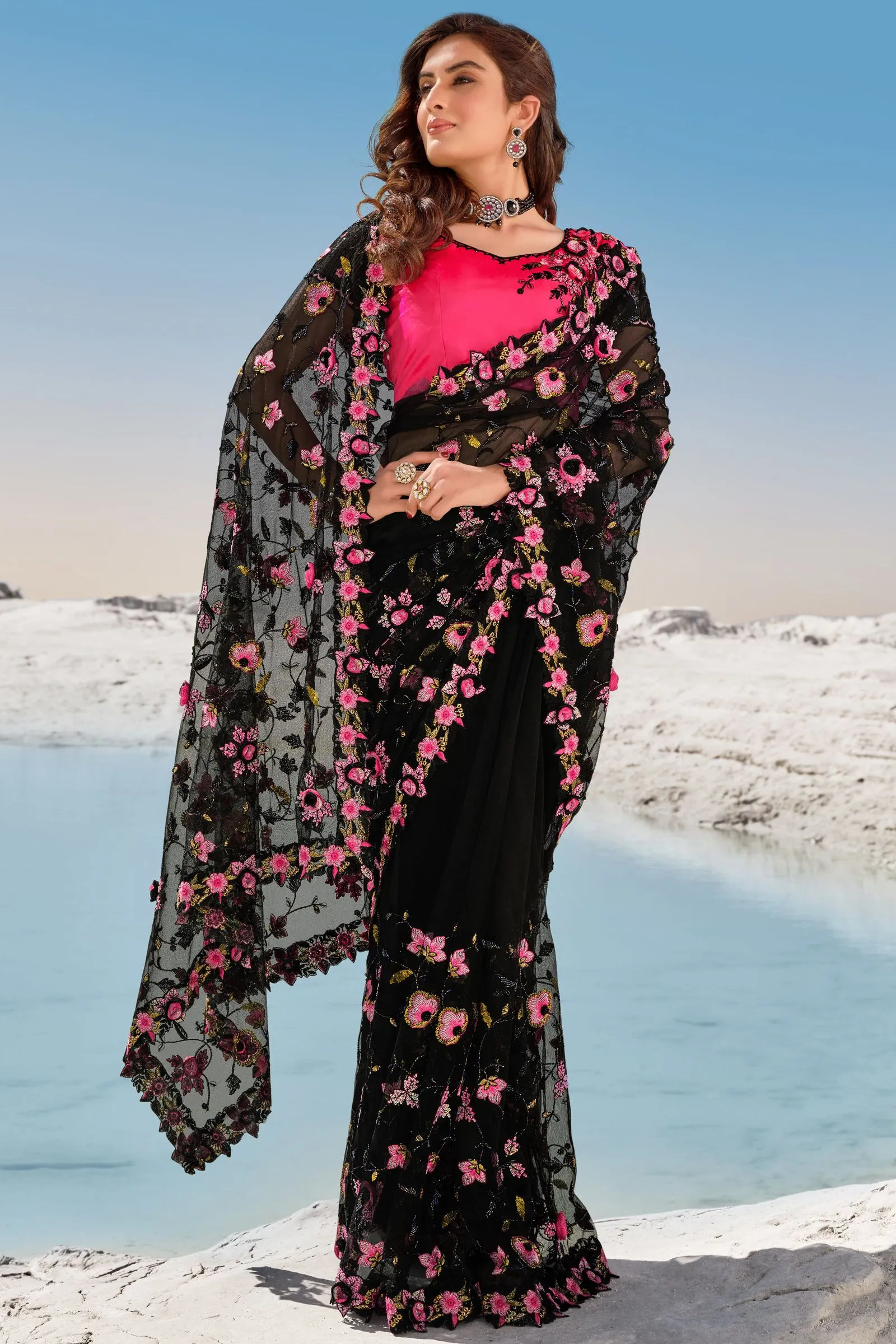 Pitch Black Floral Embroidered Net Saree