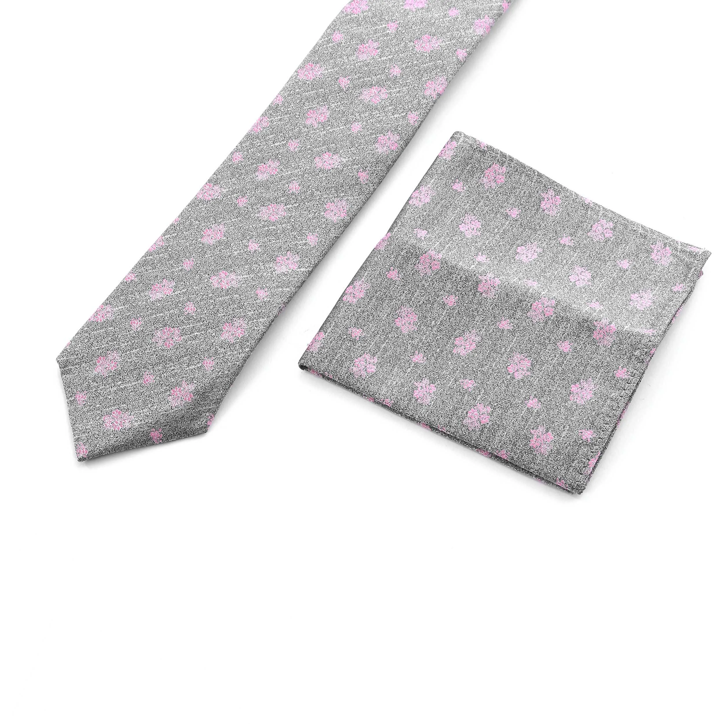 Remus Uomo Floral Print Tie & Hank Set in Grey & Pink