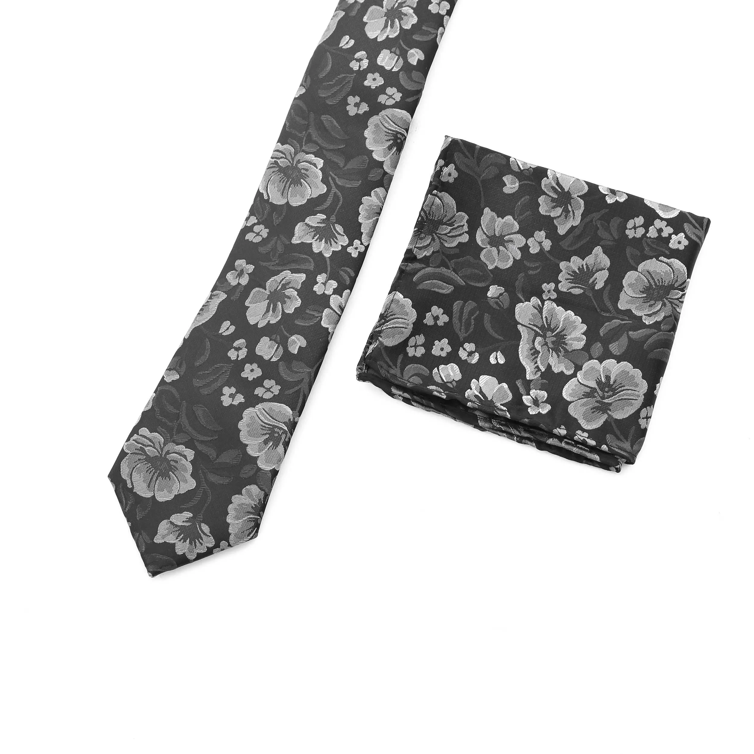 Remus Uomo Floral Tie & Hank Set in Black
