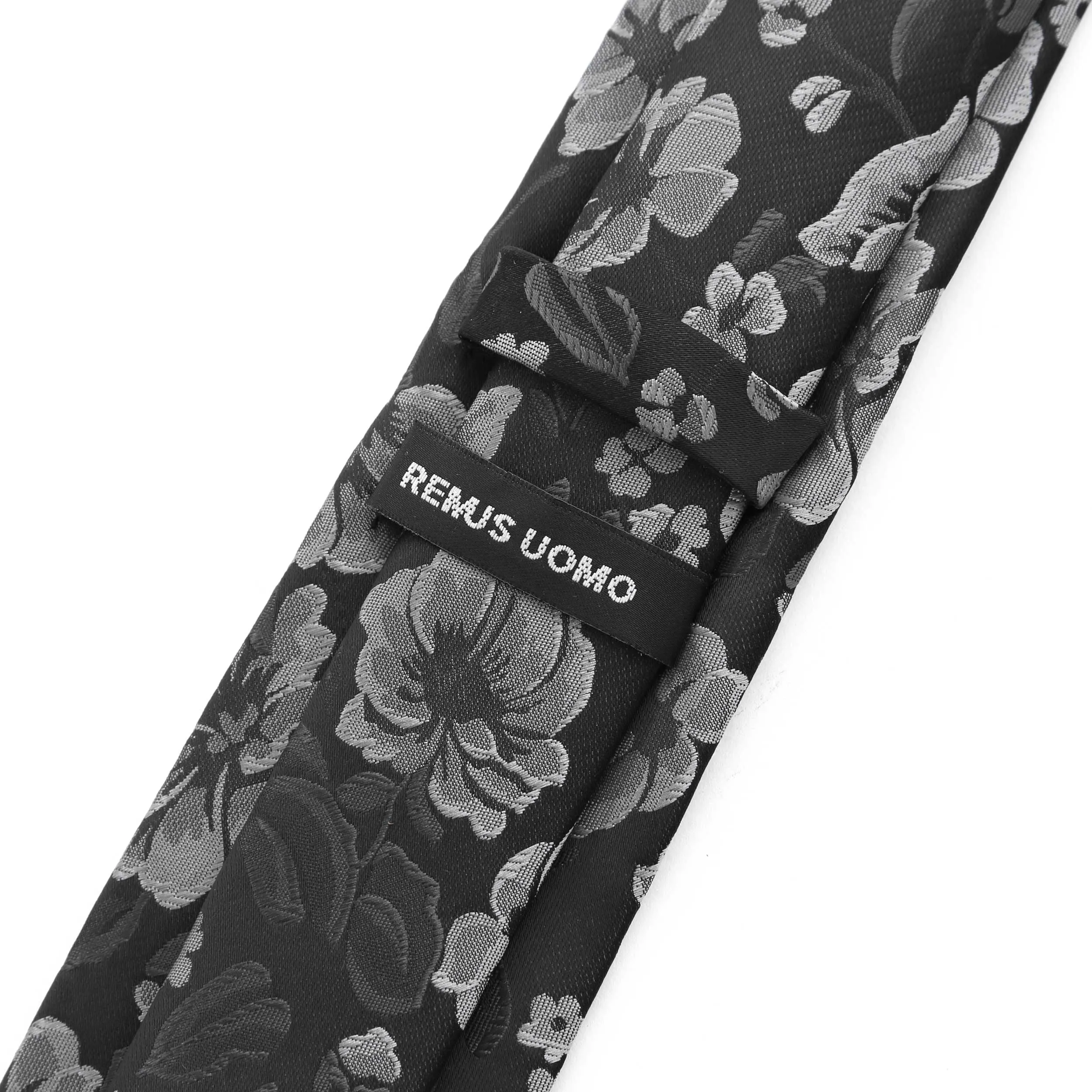 Remus Uomo Floral Tie & Hank Set in Black