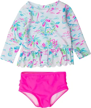 RuffleButts Baby/Toddler Girls Scalloped Long Sleeve Rash Guard 2-Piece UPF50  Sun Protected Swimsuit