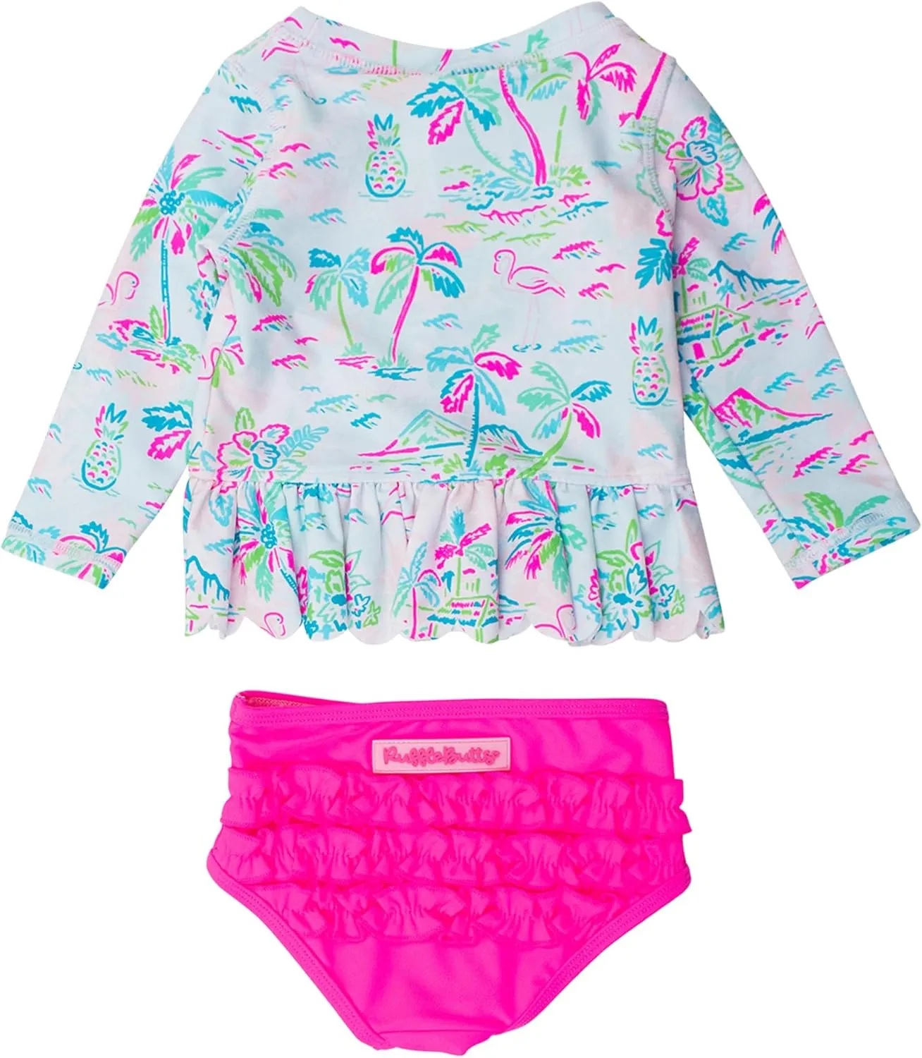 RuffleButts Baby/Toddler Girls Scalloped Long Sleeve Rash Guard 2-Piece UPF50  Sun Protected Swimsuit