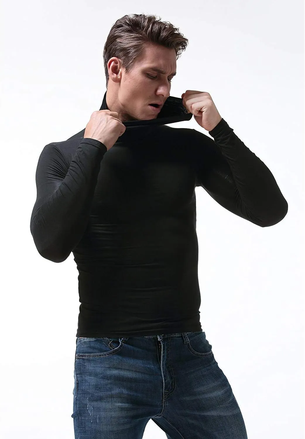 SALNIER Men Basic Turtleneck Slim Fit Long Sleeve Pullover Top Solid Thermal Knitted T Shirt Sweaters Soft Lightweight Shirt