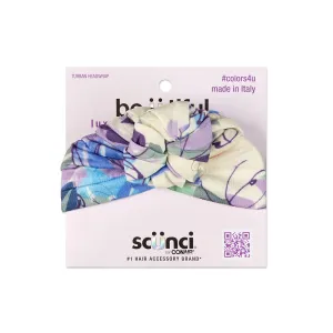 Scunci Be-U-Tiful Knit Floral Turban Headwrap with Knot, Soft Stretch Fabric, Stylish & Comfortable Hair Accessory, Versatile Fashion Headband, Blue/Purple/Cream, 1-Count, Made in Italy