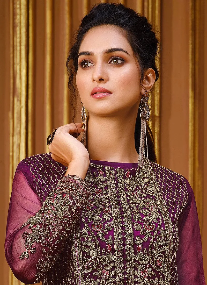 Slit Style Plum Purple Net Embellished Anarkali Pant Suit