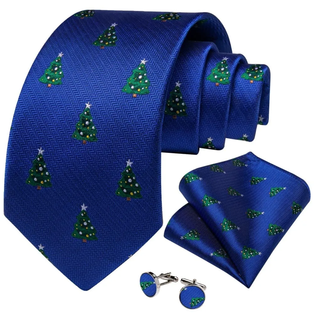 Ties2you Blue Green Christmas Tree Necktie Pocket Square Cufflinks Set