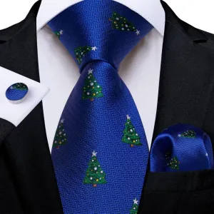 Ties2you Blue Green Christmas Tree Necktie Pocket Square Cufflinks Set