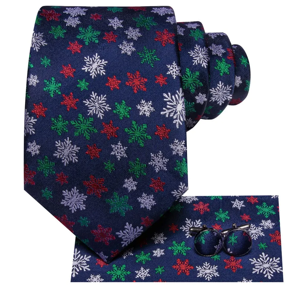 Ties2you Dark Blue Christmas Colorful Snowflake Necktie Square Cufflinks Set