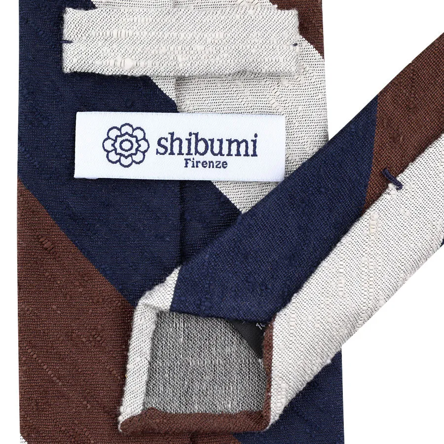 Triple Block Stripe Shantung Silk Tie - Navy / Brown / Ivory