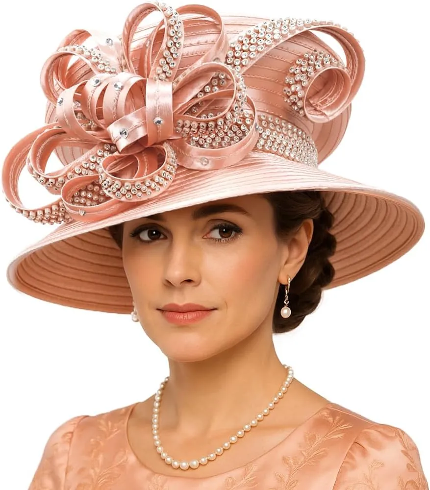 Women Satin Dress Church Derby Hats w/Rhinestones - Elegant Headwear for Special Occasions