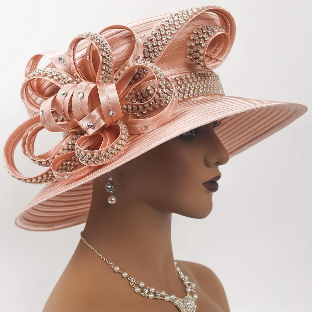 Women Satin Dress Church Derby Hats w/Rhinestones - Elegant Headwear for Special Occasions