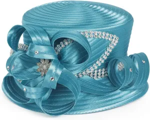 Women Satin Dress Church Derby Hats w/Rhinestones - Elegant Headwear for Special Occasions