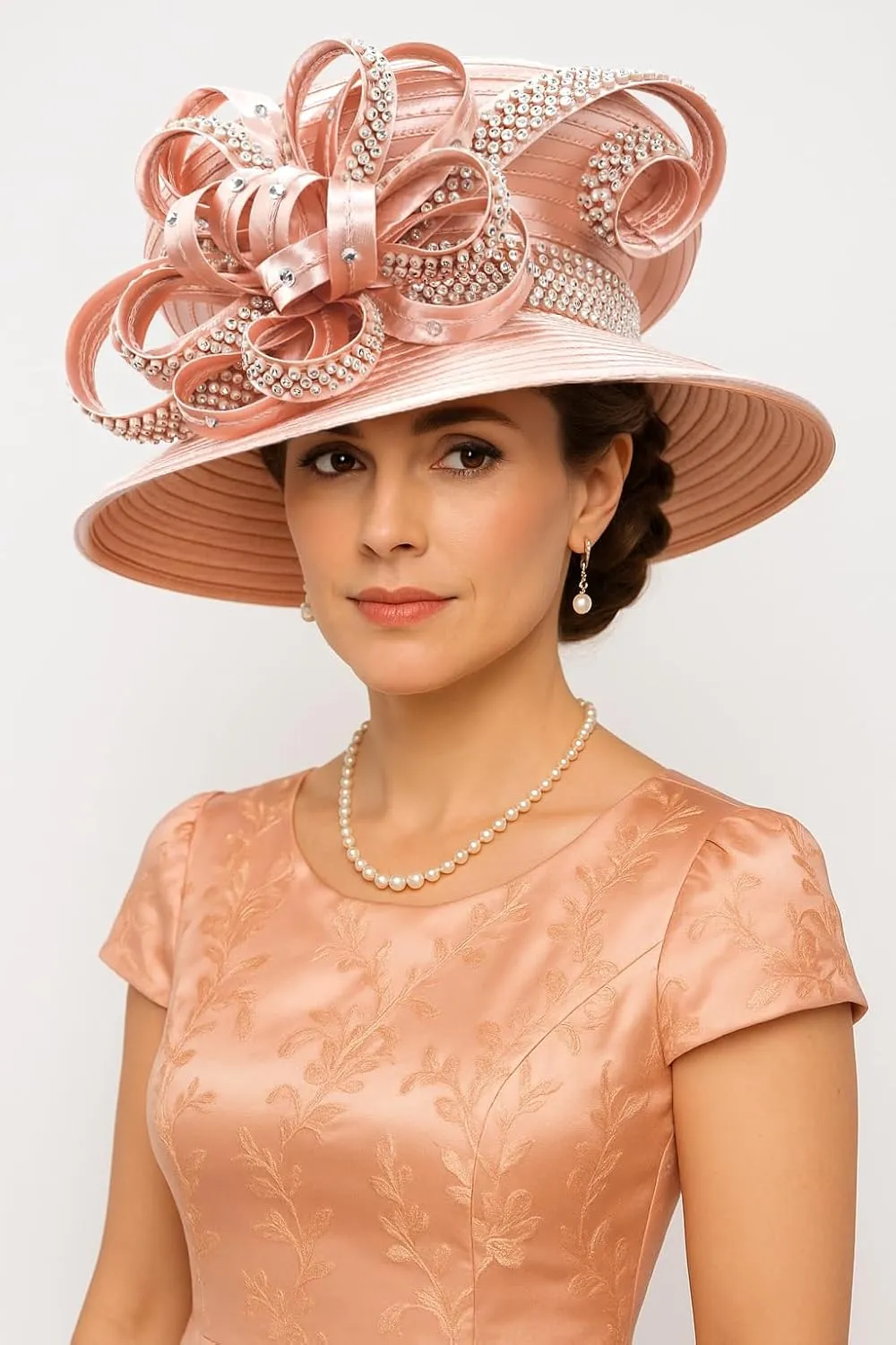 Women Satin Dress Church Derby Hats w/Rhinestones - Elegant Headwear for Special Occasions