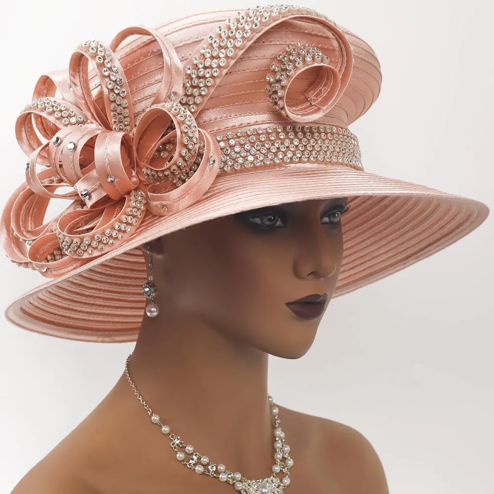 Women Satin Dress Church Derby Hats w/Rhinestones - Elegant Headwear for Special Occasions