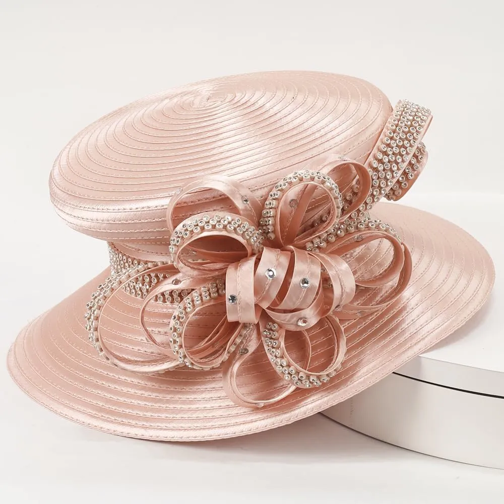 Women Satin Dress Church Derby Hats w/Rhinestones - Elegant Headwear for Special Occasions