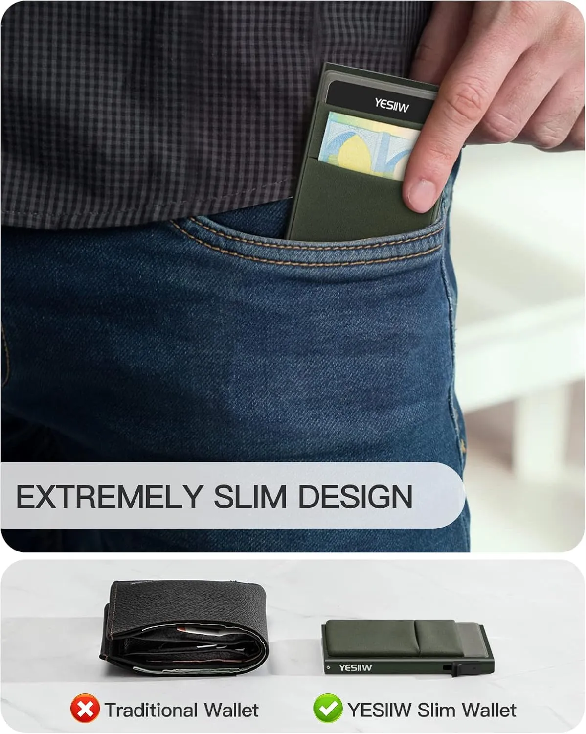 YESIIW Mens Wallet, Green, Aluminum, Ultra Slim, Compact, RFID Protected, Lightweight